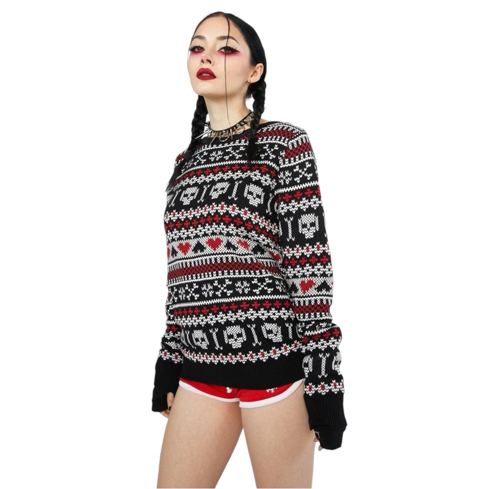 NWT Dolls Kill Too Fast Skull Hearts Sweater Sz S - Picture 3 of 11